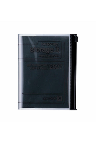 Black 2027 planner with zipper pocket and reads 'storage.it'