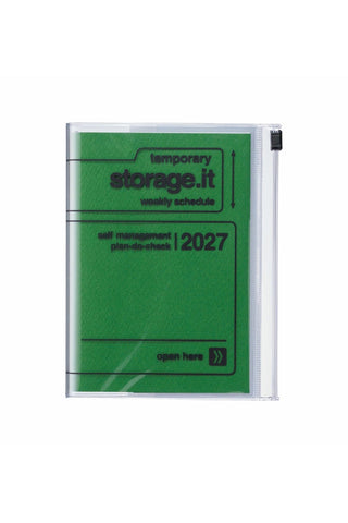 green 2027 planner with zipper pocket and reads 'storage.it'