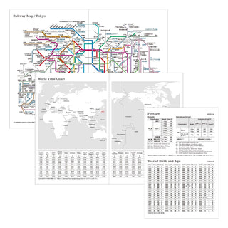 Pages with a Tokyo subway map, world time chart, and postage table on a white background.