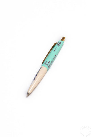 Pen with turquoise and beige barrel on a white background