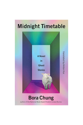 Book cover of 'Midnight Timetable' by Bora Chung with a colorful geometric design and sheep illustration.