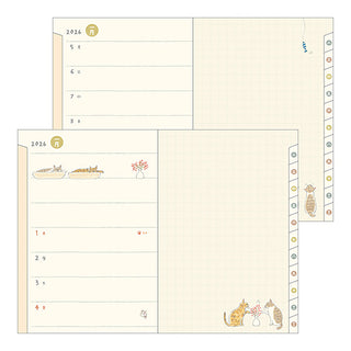 Two planner pages with illustrations of cats and decorative elements on a beige background.
