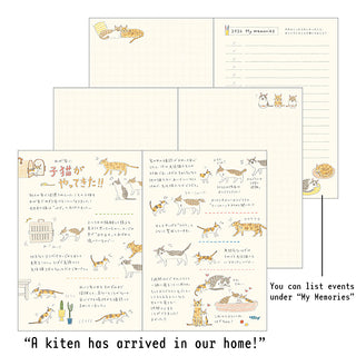 Set of planner pages with cat illustrations and text on a white background
