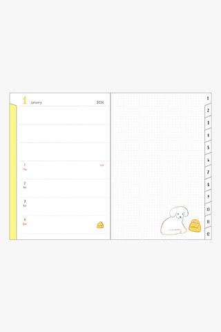 Calendar page with a dog illustration on a white background