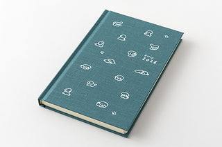 Green notebook with white icons and text on a white background