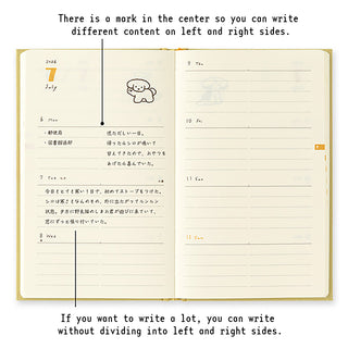 Open notebook with a divider between left and right sides, showing writing examples.