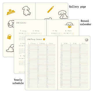 Calendar and yearly schedule planner with cute illustrations on a white background