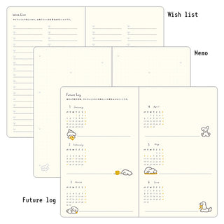 Set of planner pages with different sections labeled 'Wish list', 'Memo', and 'Future log'.