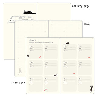 Notebook pages with cat illustrations and text on a white background