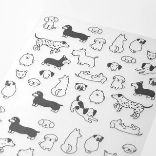Sheet of black and white dog illustrations on a white background