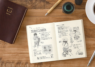 Open notebook with illustrations and text on a wooden surface with a pen 