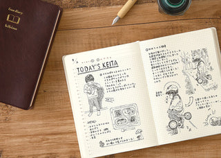 Open notebook with illustrations and text on a wooden surface with a pen 
