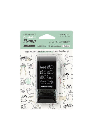 Paintable rotary dial stamp in clear blister pack with speech-bubble icons