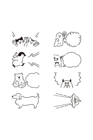 Speech-bubble stamp design sheet with animal, cloud, and character line icons