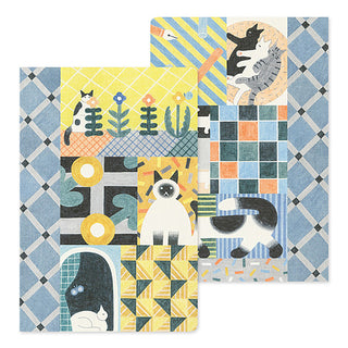 Front and back notebook covers with cat and geometric patterns on a white background