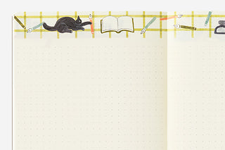 Notebook page with a cat, book, and stationery items illustration on a yellow checkered background
