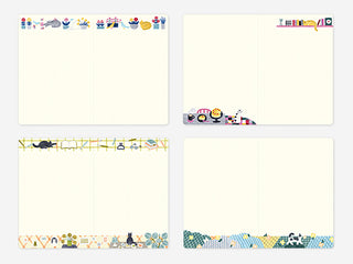 Set of four notebook pages with colorful animal illustrations on a white background