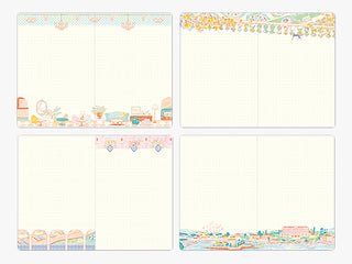 Notebook pages with colorful designs on a white background