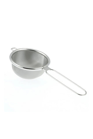 Metal strainer with handle on a white background
