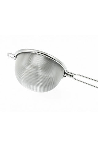 Stainless steel tea strainer on a white background