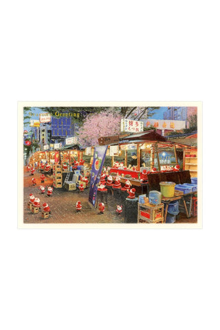 Stylized illustration of a street scene with food stalls and cherry blossoms with mini santas.