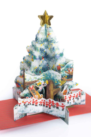 3D pop-up Christmas tree card with a star on top, snow, and festive elements.