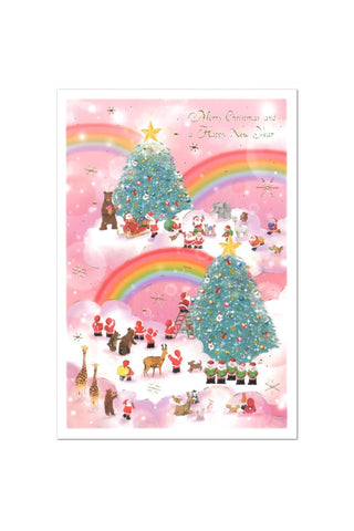 Colorful Christmas card with Santa Claus, reindeer, and trees on a pink background