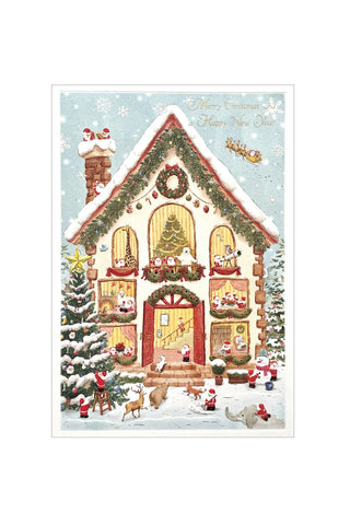 Decorative Christmas card with a house and festive elements on a snowy background. Animals and santas are playing together.