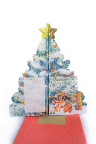 Christmas tree-shaped card with festive design on a white background. Back of card has message section.