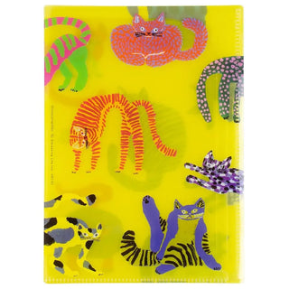 Colorful cat illustrations on a yellow background