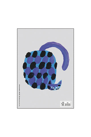 Notebook with a blue and black polka dot cat design on a gray background
