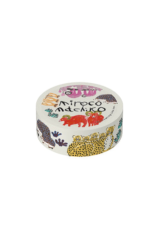 Washi tape with colorful animal illustrations and 'Miroco Machiko' branding on a white background