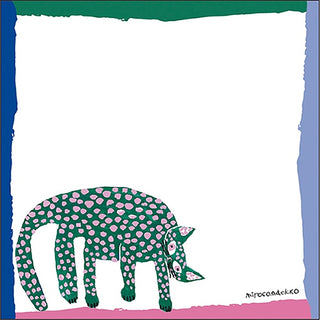 Memo pad page featuring a green cat with pink spots on a white background