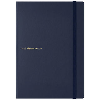 A navy blue hardcover notebook with a matching elastic closure band and gold foil text reading '888 | Mnemosyne' on the front cover, shown against a plain white background.