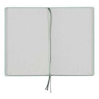 An open notebook with two blank dot grid pages and ribbon bookmarks