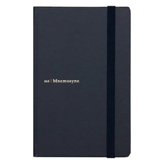 A dark navy blue hardcover notebook with a vertical elastic closure band and gold foil text reading '868 | Mnemosyne' on the front, shown against a plain white background.
