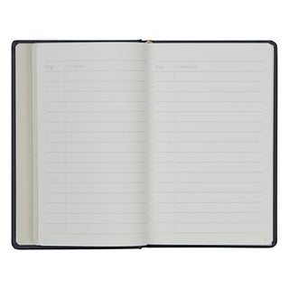 An open hardcover notebook with lined pages, displayed flat against a solid white background.