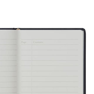 An open lined notebook showing blank page and contents columns on the right page