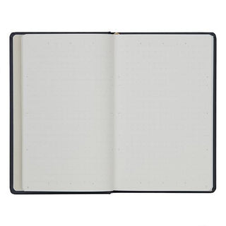 An open notebook with blank, unnumbered white pages, set against a solid white background.