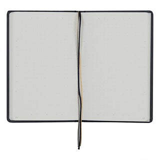 An open notebook with blank dot grid pages and ribbon bookmarks on a white background