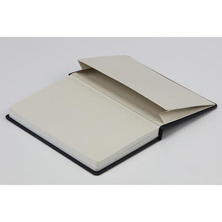 An open hardcover notebook with a small storage area for small items