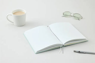 An open notebook with white pages, styled with a white mug of coffee, a pair of round sunglasses, and a pen.