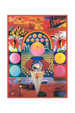 Colorful abstract artwork with geometric shapes and patterns on a red background