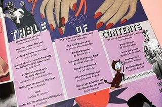 Table of Contents from a magazine with purple and pink design elements.