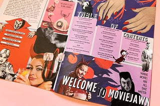 Vintage-style magazine with colorful illustrations and text on a pink background