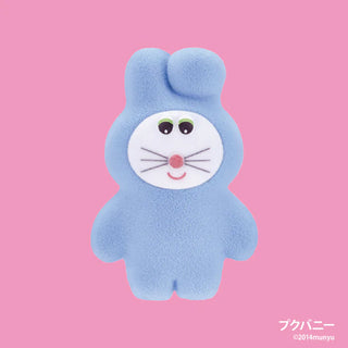 Blue cartoon character with a simple face on a pink background