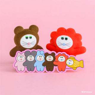 Colorful animal-themed figures on a pink background