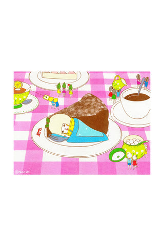 Naoshi art print of chocolate cake and ice cream on a plate, with whimsical figures and tea