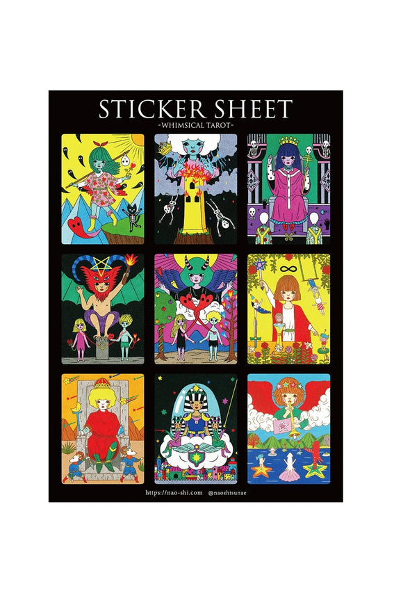 Tarot sticker sheet with nine colorful illustrated characters on a dark background