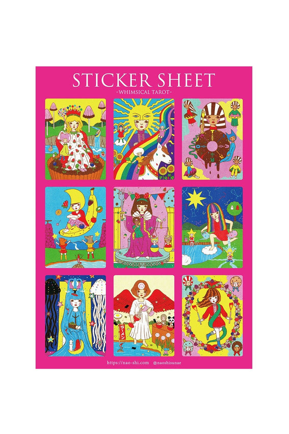 Tarot sticker sheet with colorful magicians and symbols on a pink sheet